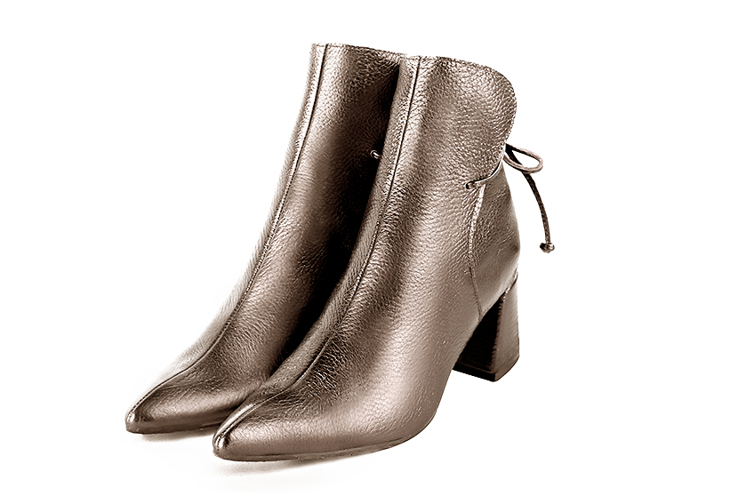 Bronze beige women's ankle boots with laces at the back. Tapered toe. Medium flare heels. Front view - Florence KOOIJMAN